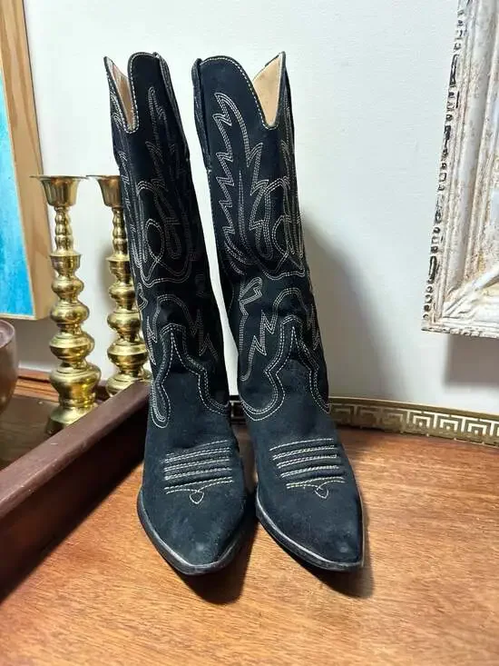 Wilsons Leather Black Suede Tall Western Cowboy Boots with Contrast Stitching - Picture 3 of 11